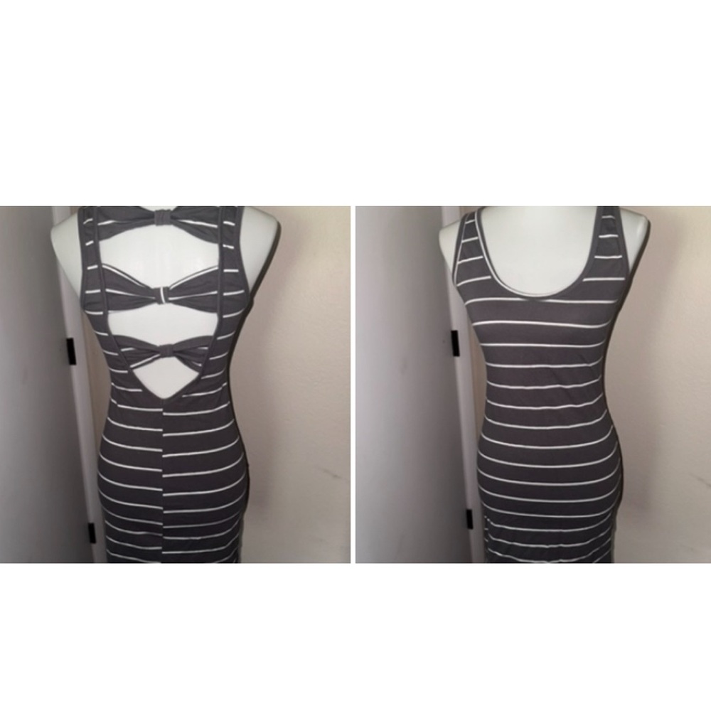 Gray Striped Sleeveless Dress keyhole back